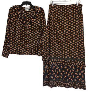 Vintage Lori Lundon Cottagecore Ruffle Black Orange Floral Top Skirt Fall